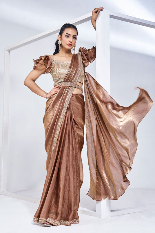 Radiant Brown Color Satin Silk Fabric Ready To Wear Saree