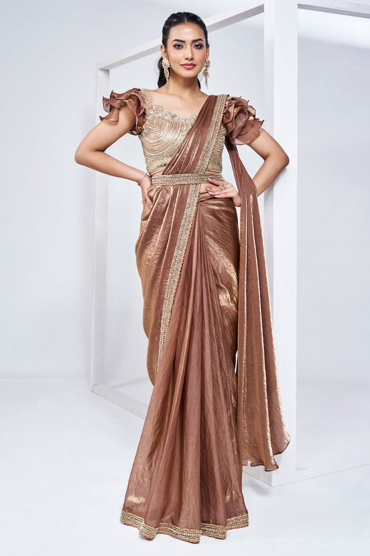 Radiant Brown Color Satin Silk Fabric Ready To Wear Saree