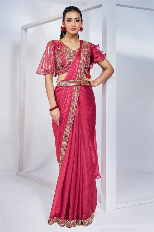 Pink Color Satin Silk Fabric Beatific Ready To Wear Saree