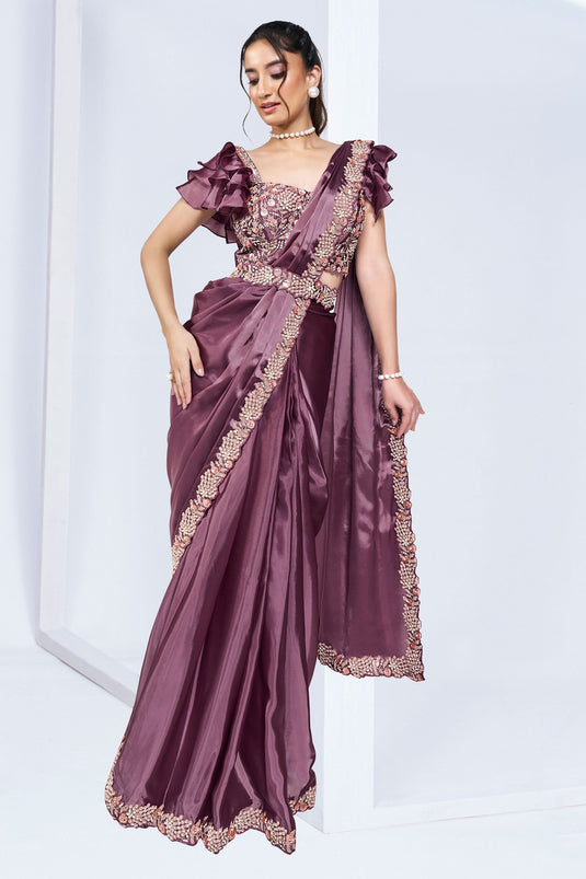 Incredible Crepe Fabric Lavender Color Ready To Wear Saree