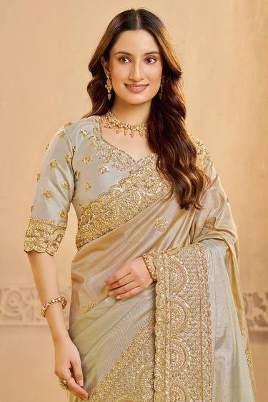 Beige Silk Border Work Saree For Wedding Wear