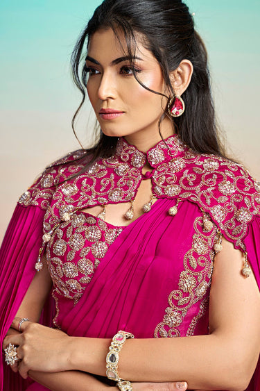 Premium Rani Satin Silk Heavy Sequins Pre Draped Saree With Corset Blouse And Cape