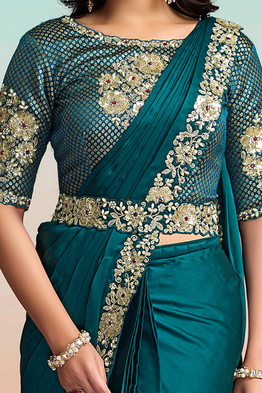 Party Wear Teal Satin Silk Sequins Embroidered Work Pre Stitched Saree With Koti