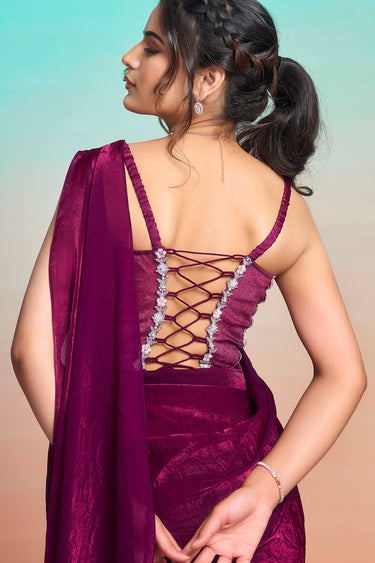 Luxury Satin Silk Designer Sequins Work Ready To Wear Saree With Corset Blouse And Jacket