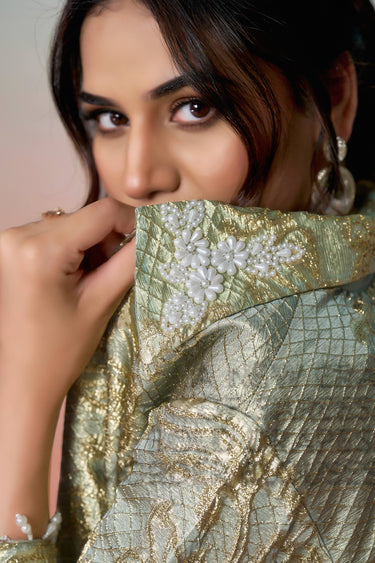 Designer Satin Silk Sea Green Pearl Work One Minute Saree With Stylish Blouse And Jacket