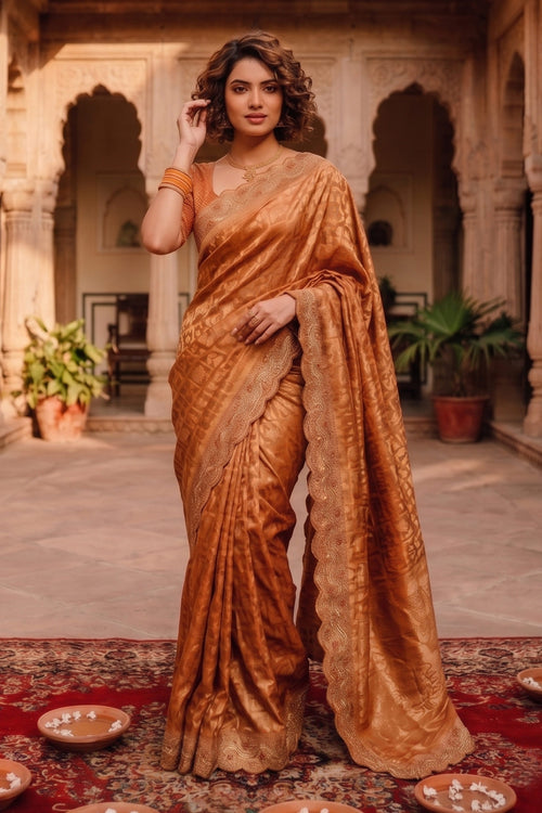 Rust Banarasi Silk Woven Handwork Festive Saree