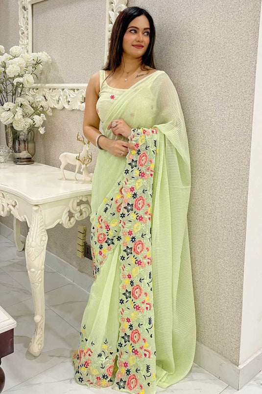 Blazing Green Color Sequins Work Shimmer Silk Saree