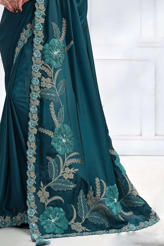 Teal Color Brilliant Party Style Crepe Satin Silk Saree