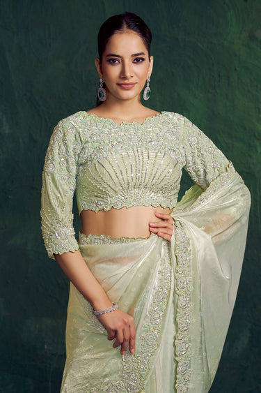 Off White Wedding Wear Satin Embroidered Border Work Saree