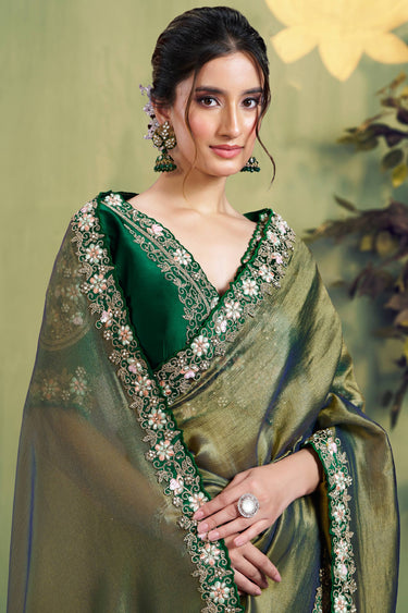Tissue Border Work Green Wedding Wear Saree