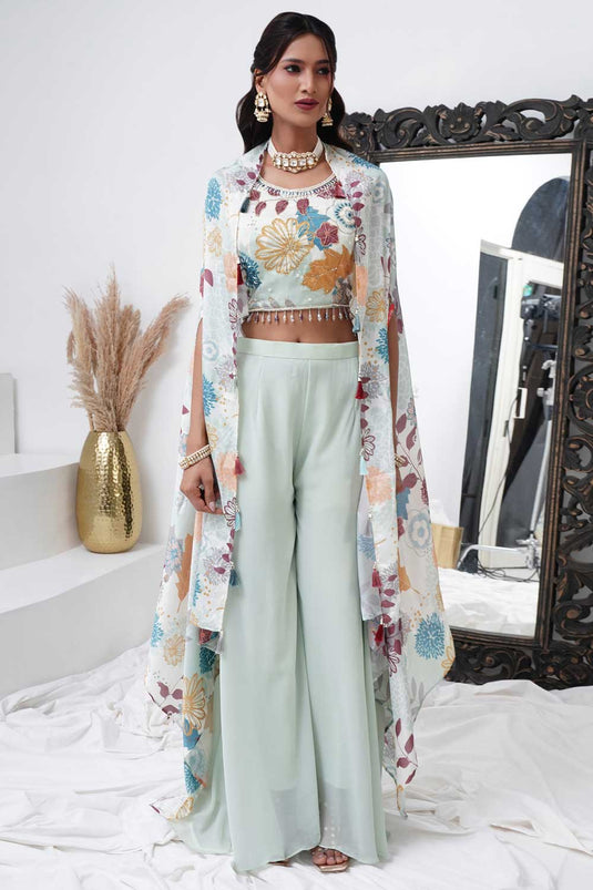 Sea Green Digital Chinon Handwork Top with Palazzo & Shrug