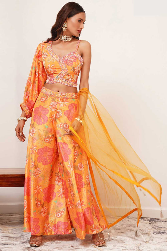 Orange Digital Chinon Handwork Top with Palazzo & Dupatta