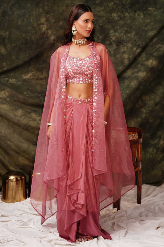 Pink Color Crepe Handwork Top with Skirt & Shrug