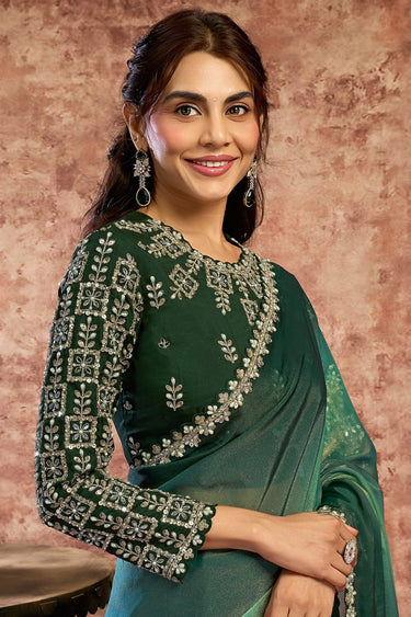 Sea Green Satin Georgette Embroidered Border Saree