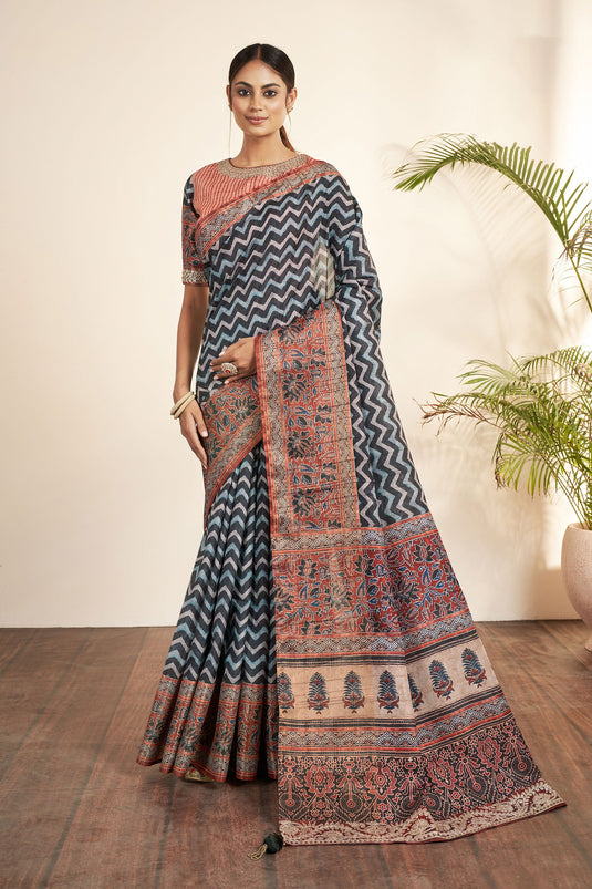 Bhagalpuri Silk Fabric Blue Color Excellent Saree With Printed Work