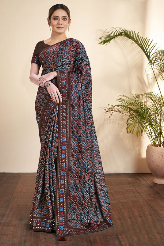 Brown Color Printed Work On Gajji Silk Fabric Stunning Saree