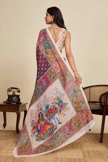 Digital Printed Linen Purple Casual Wear Saree