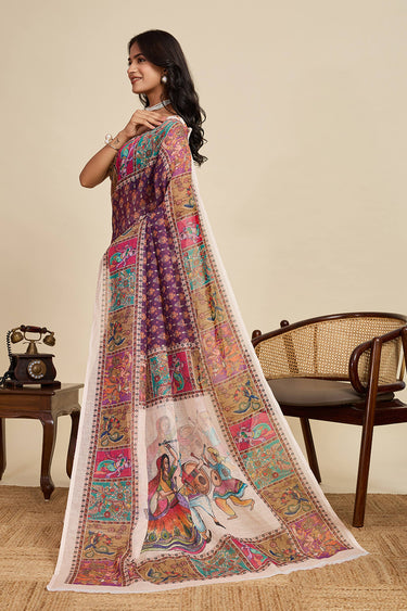 Digital Printed Linen Purple Casual Wear Saree