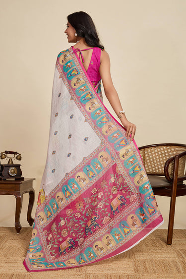 Linen Fabric Off White Digital Printed Saree For Casual Wear
