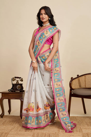 Linen Fabric Off White Digital Printed Saree For Casual Wear