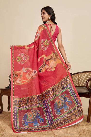 Maroon Digital Printed Linen Casual Wear Saree
