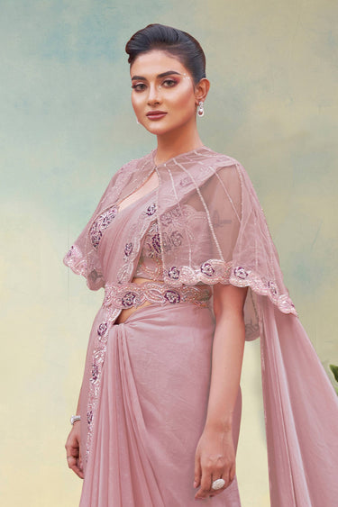 Satin Silk Border Work Pink Readymade Saree For Wedding Wear