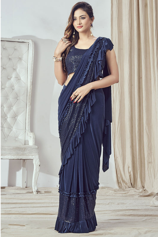 Navy Blue Color Pre-Stitched Ruffle Saree In Lycra