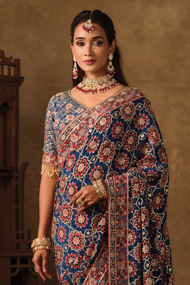 Heritage Blue Natural Crepe Aari Work Rajwadi Saree