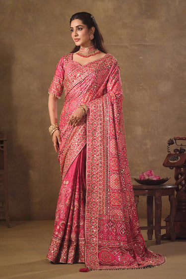 Elegant Natural Crepe Pink Aari Handwork Saree