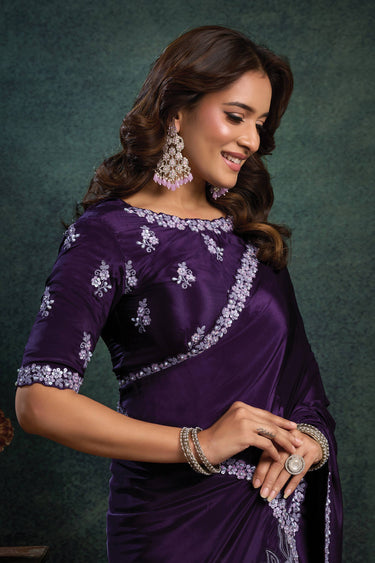 Purple Wedding Wear Satin Silk Embroidered Border Work Saree