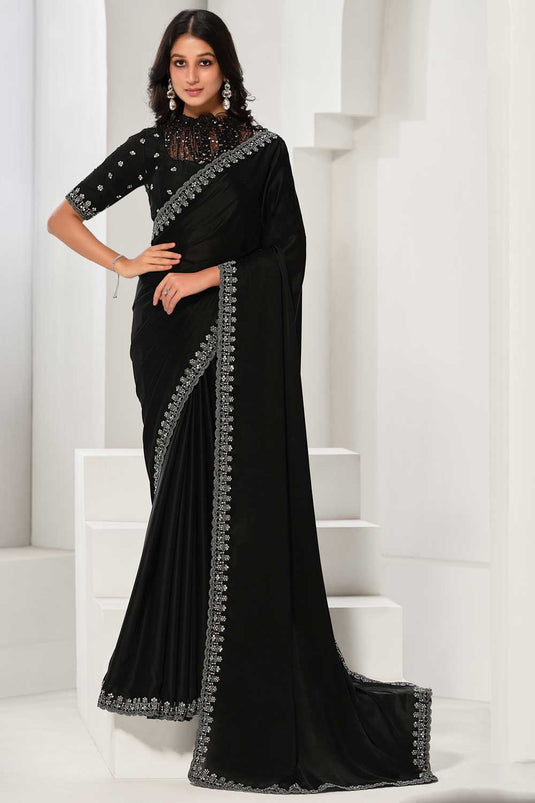 Excellent Crepe Satin Silk Fabric Black Color Saree