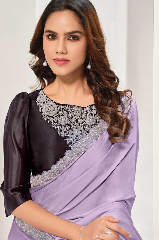 Tempting Crepe Satin Silk Fabric Lavender Color Saree