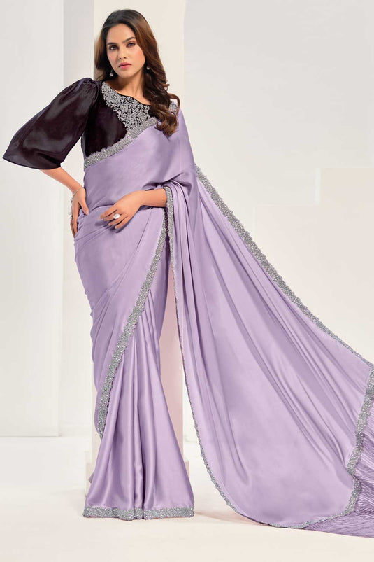 Tempting Crepe Satin Silk Fabric Lavender Color Saree