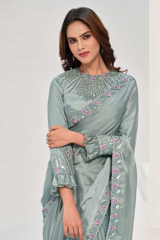 Delicate Crepe Satin Silk Fabric Sea Green Color Saree