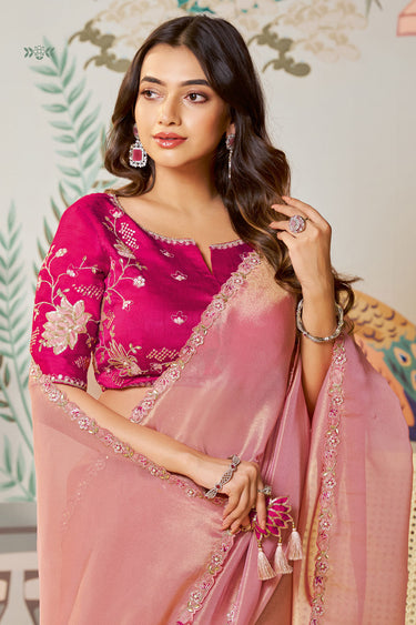 Pink Color Border Work On Organza Fabric Beatific Saree