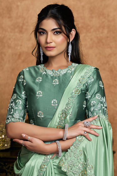 Graceful Crepe Satin Sea Green Border Work Saree With Unstitched Blouse