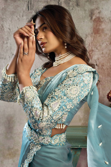 Cyan Function Wear Satin Embroidered Border Work Readymade Saree