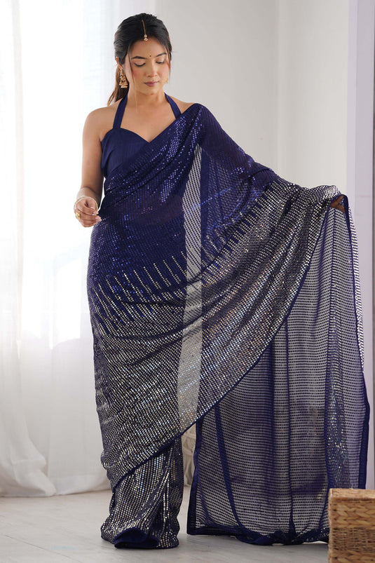 Blue Traditional Sequins Work Saree