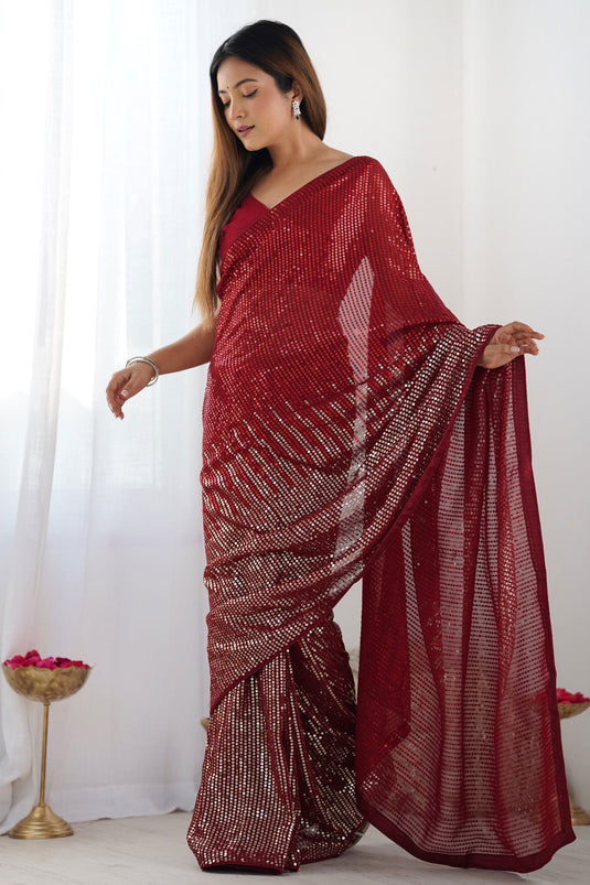 Red Sequins Work Tradition Saree