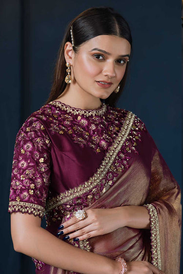 Magneta Crepe Satin Silk Jari Work Pure Handwork Saree With Unstitched Blouse