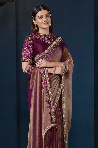Magneta Crepe Satin Silk Jari Work Pure Handwork Saree With Unstitched Blouse
