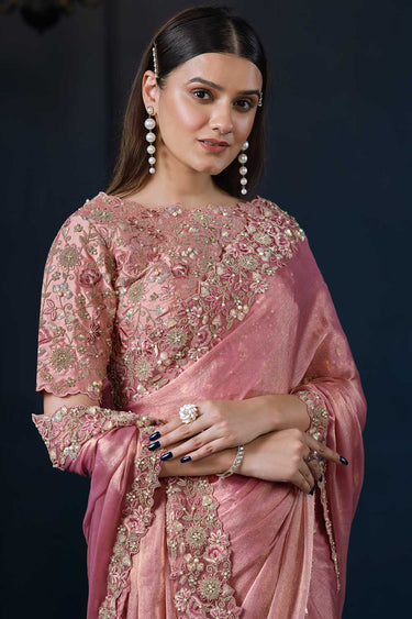 Pink Simmer Chiffon Sequins Pure Handwork Saree With Unstitched Blouse