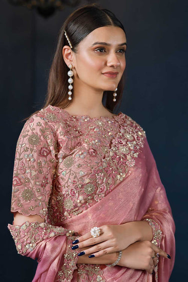 Pink Simmer Chiffon Sequins Pure Handwork Saree With Unstitched Blouse