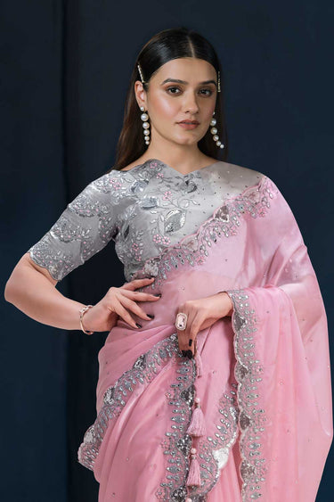Pink Crepe Satin Silk Embroidered Stone Work Saree With Unstitched Blouse