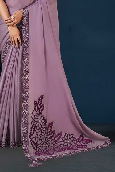 Purple Crepe Satin Silk Embroidered Stone Work Saree With Unstitched Blouse