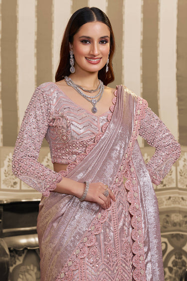 Pink Wedding Wear Satin Sequins Work Ready To Wear Lehenga Saree