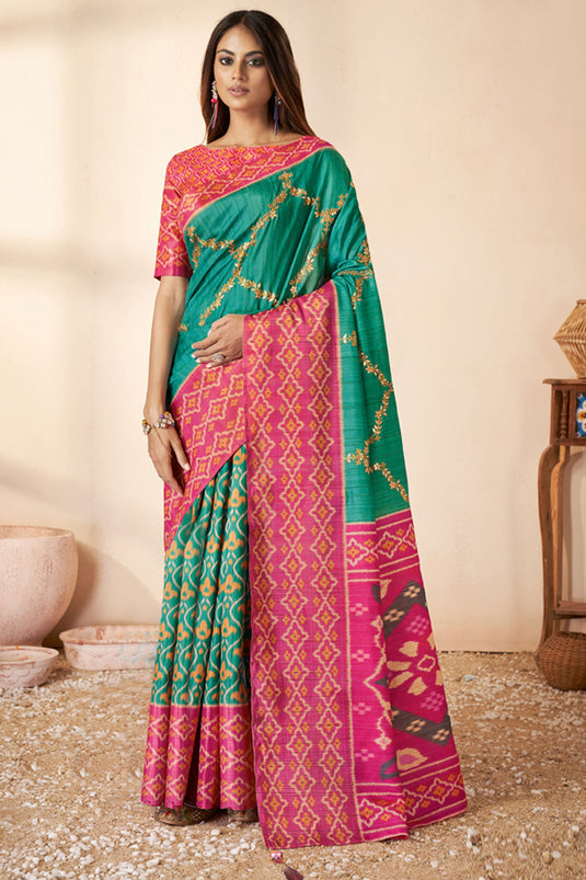 Awesome Bhagalpuri Silk Fabric Saree In Sea Green Color