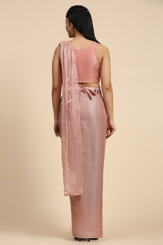 Imposing Organza Fabric Ready To Wear Saree In Peach Color