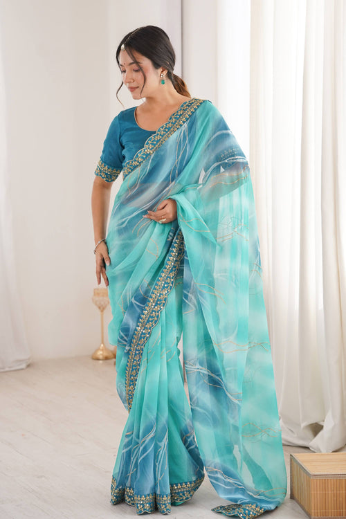 Georgette Chiffon Sky Blue Border Work Saree For Party Wear