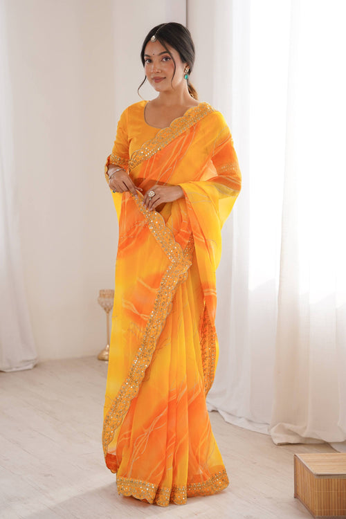Georgette Chiffon Yellow Border Work Saree For Party Wear